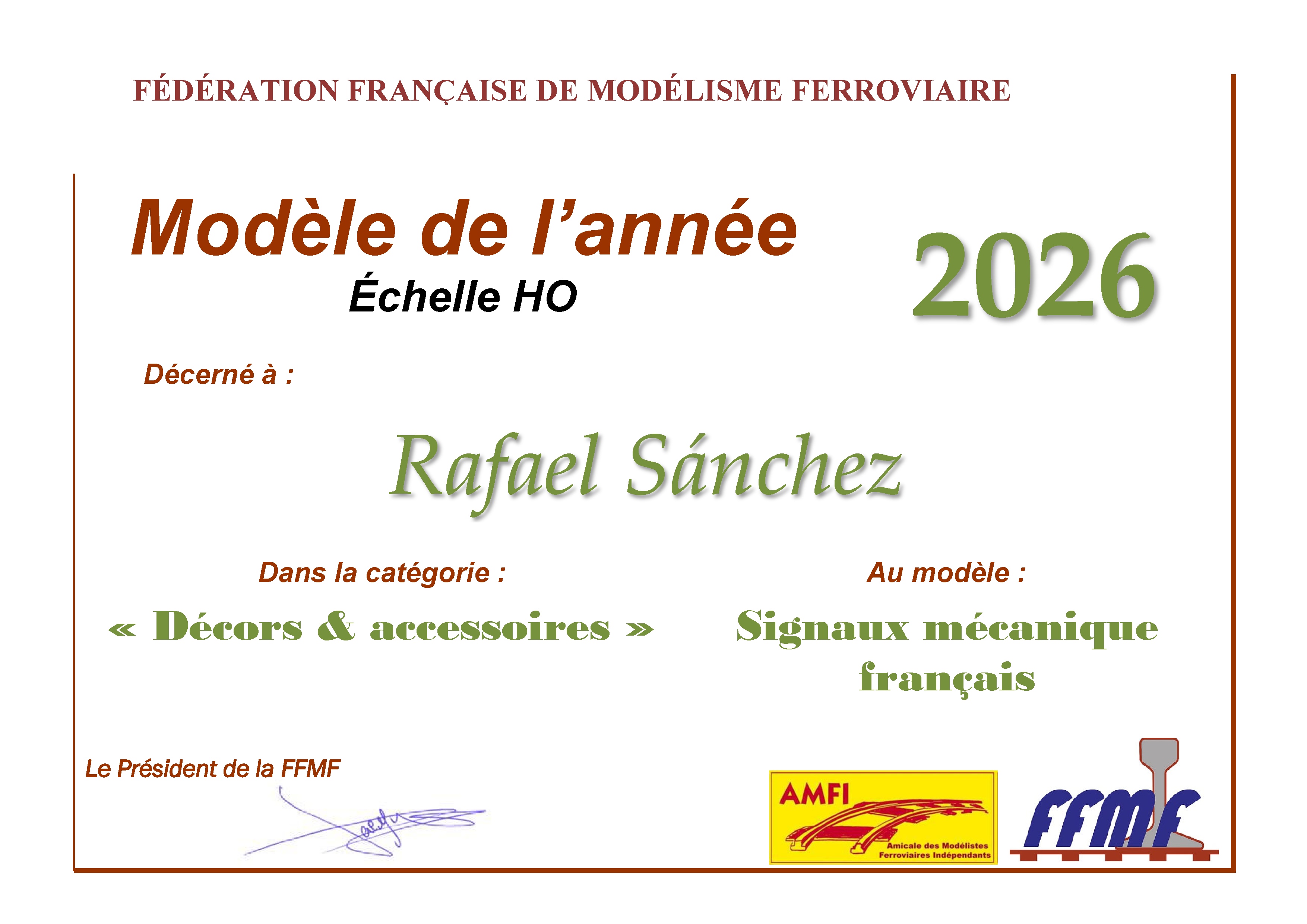 Diploma Modelo del a&ntilde;o 2026 concedido a Rafael S&aacute;nchez por el modelo Se&ntilde;ales mec&aacute;nicas francesas